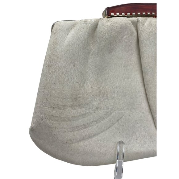 Vintage White Leather Clutch Purse Brown Lucite Handle & Gold Chain - Picture 3 of 13